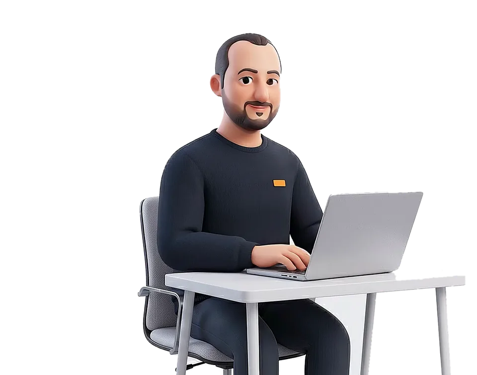 Emre Avci als 3D-Figur: tippt am Laptop, steht auf und winkt